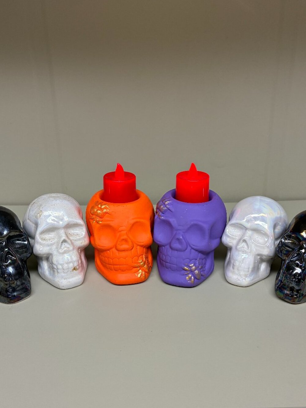 6pc Halloween Ceramic Skull Candle Holder Lot Iridescent Metallic Spooky Decor